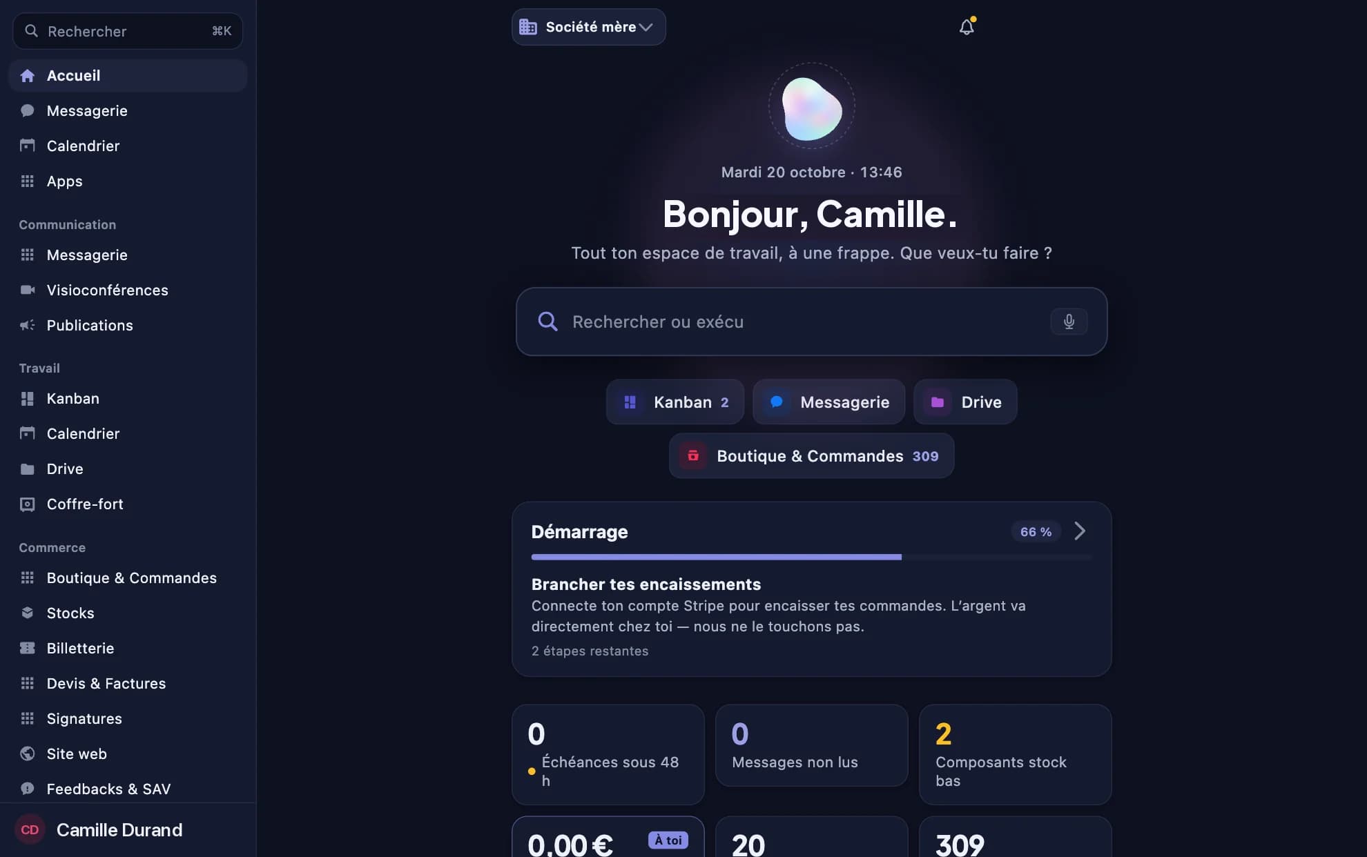 L'application Ondes PRO pour Mac : barre latérale des modules et accueil de l'espace.