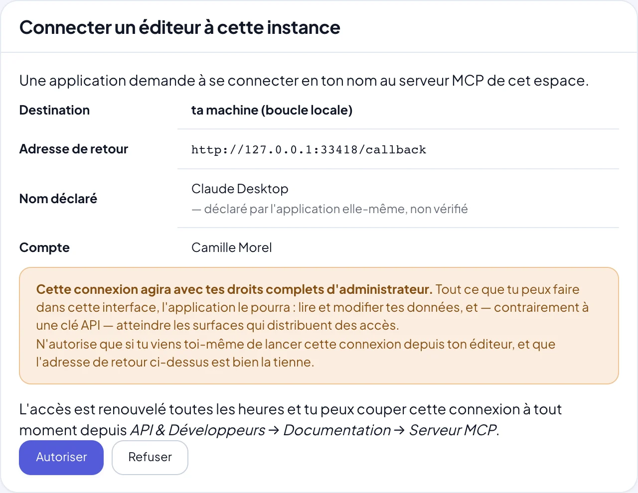 Écran de consentement d’Ondes PRO : destination, adresse de retour, nom déclaré par l’application, compte, et avertissement sur les droits complets de la connexion.